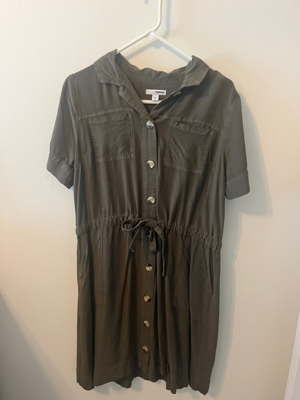 Sonoma Green Short-Sleeve Button-Front Drawstring Dress